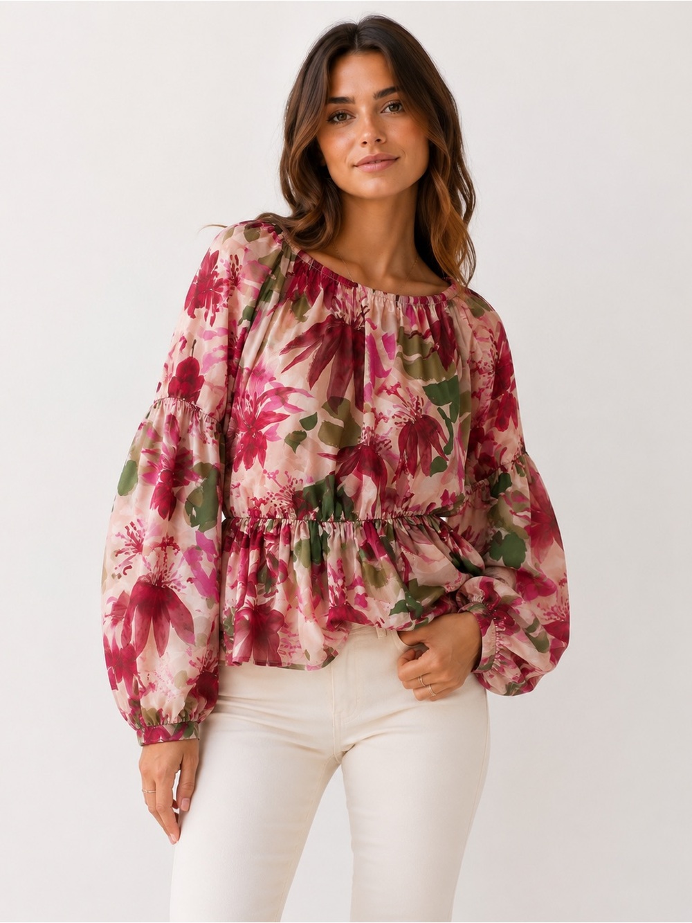ARKITECT Floral Peplum Blouse in Pink and Green